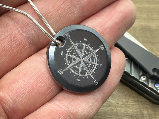 Black COMPASS engraved Titanium Pendant Keychain Dog tag Key fob Necklace