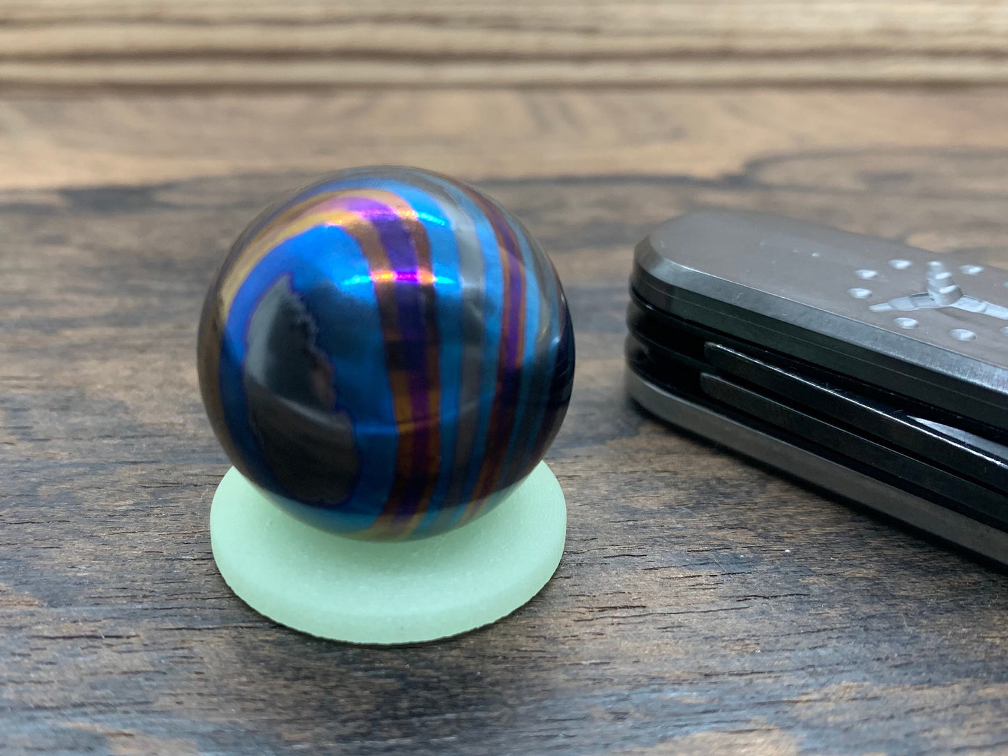 1" ZircuTi TWIST Black Timascus Sphere + Glow in the dark stand