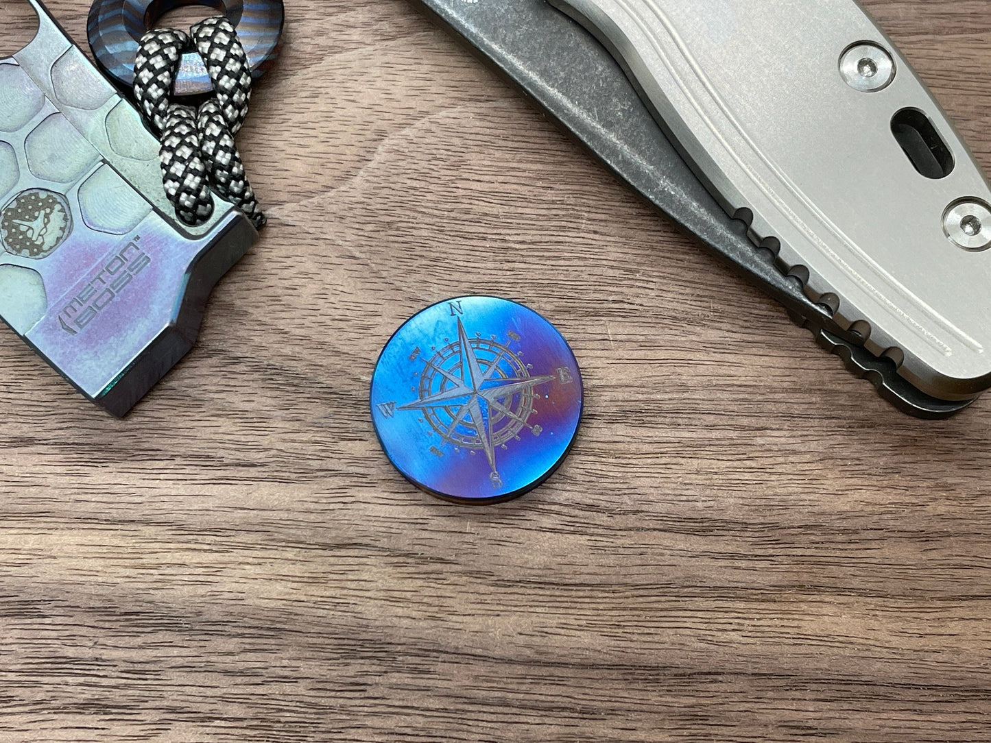 Flamed COMPASS Engraved Titanium Coin for Billetspin Gambit