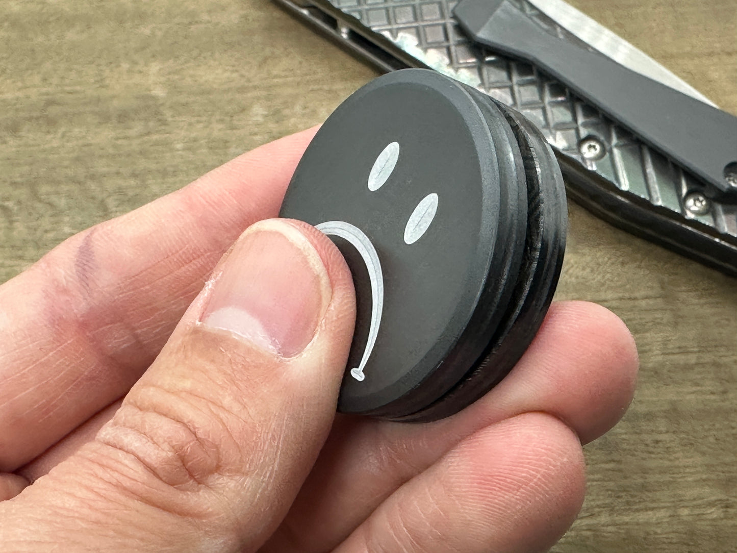 Smiley - Sad engraved Black Zirconium CLICKY HAPTIC Coins Fidget