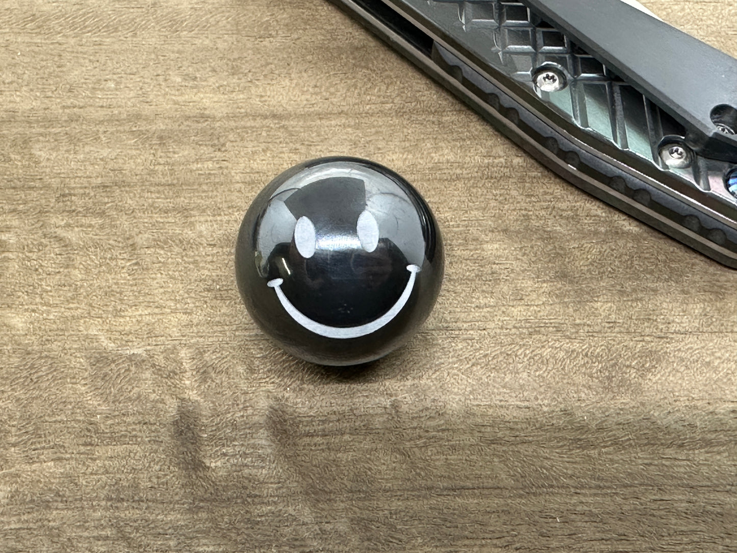 1" SMILEY Polished Solid Black Zirconium SPHERE + Glow in the dark stand