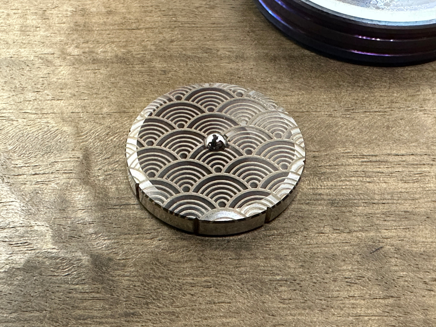 Black SEIGAIHA engraved Stainless Steel Spinning Worry Coin Spinning Top