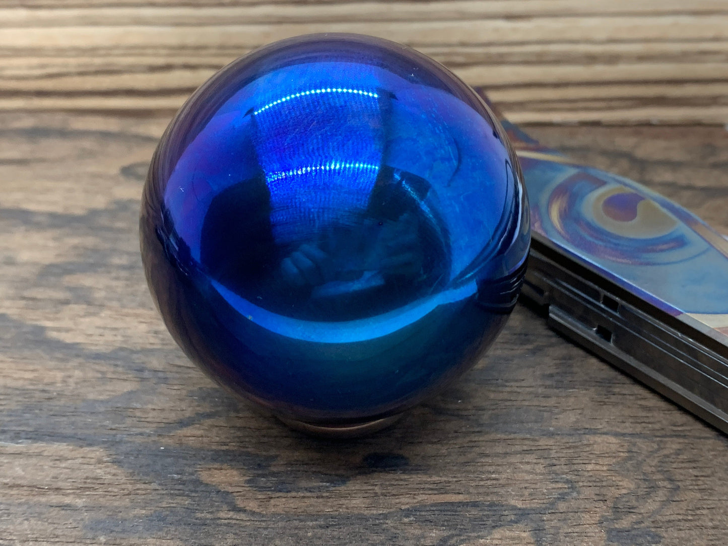 2.15" Flamed Polished Solid Giga Titanium SPHERE +Glow in the dark stand