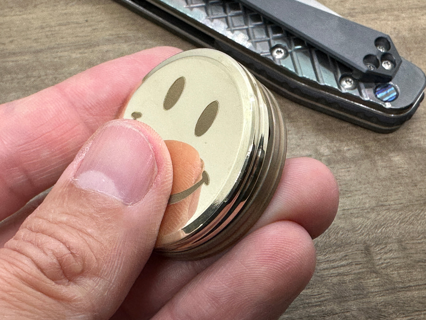 Smiley-Sad Polished Dark Brass CLICKY Haptic Coins idea Fidget