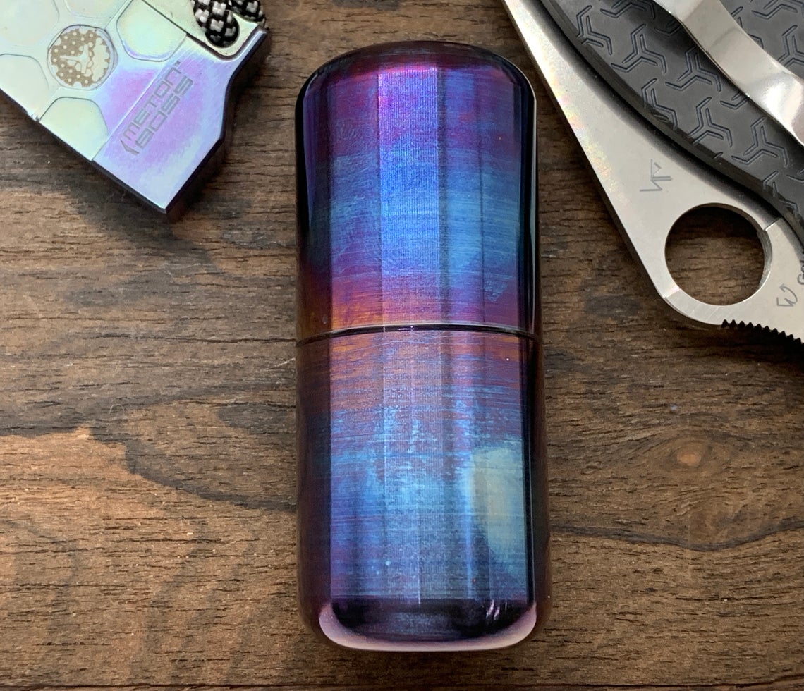 Tall-XL Meton-Vault Pill box Stash box All Flamed Titanium Pill Case