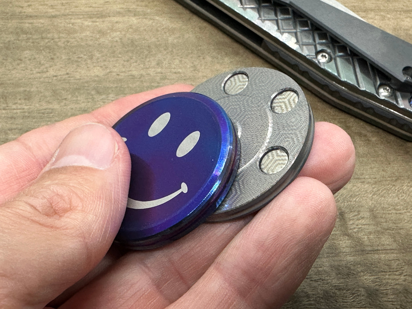 SMILEY-SAD Flamed-Dark Haptic Coins CLICKY Titanium Haptic Slider Fidget