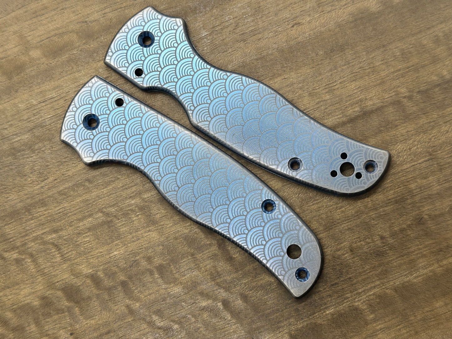 Blue anodized Brushed SEIGAIHA Titanium Scales for SHAMAN Spyderco