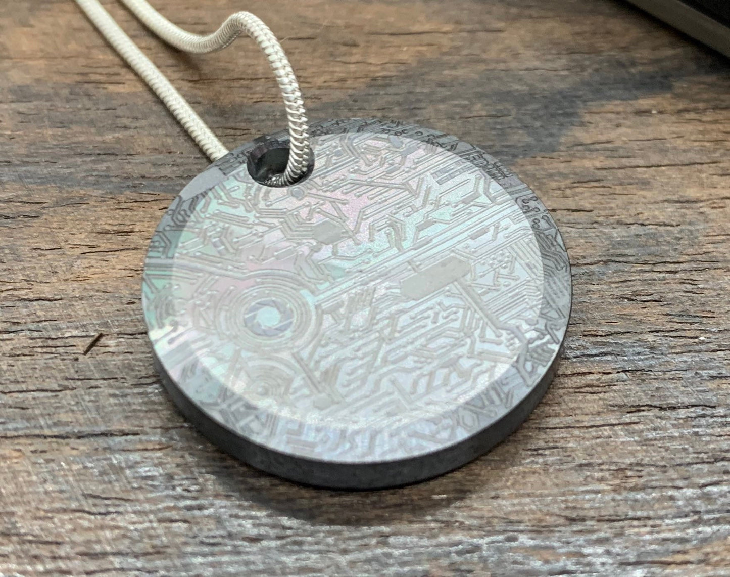 Circuit Board engraved Oil-Slick Flamed Zirconium pendant Keychain Necklace