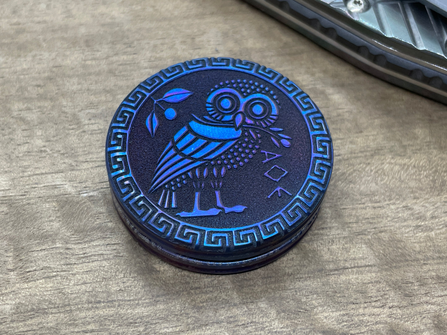 The OWL Flamed Backside Greek Titanium CLICKY HAPTIC Coins ideas