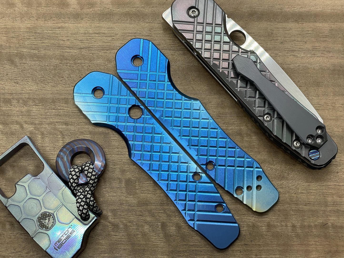 BLUE Flamed FRAG milled Titanium Scales for Spyderco SMOCK