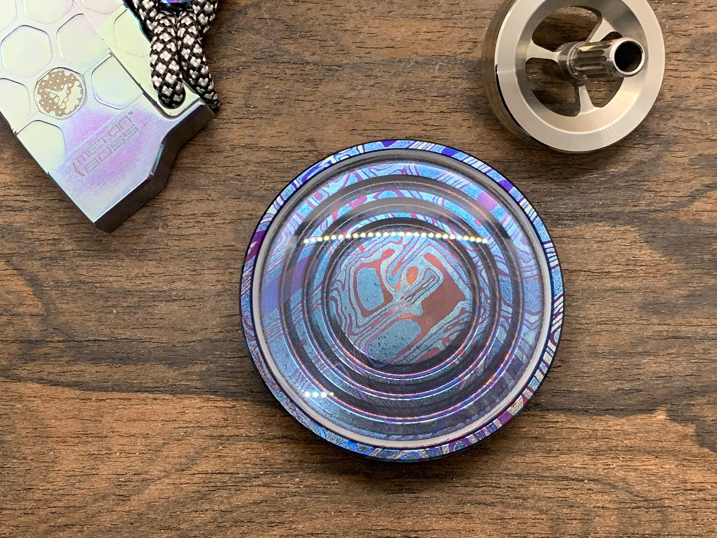 Flamed Mokume pattern heat ano Titanium Spin base for Spinning Tops & Coins