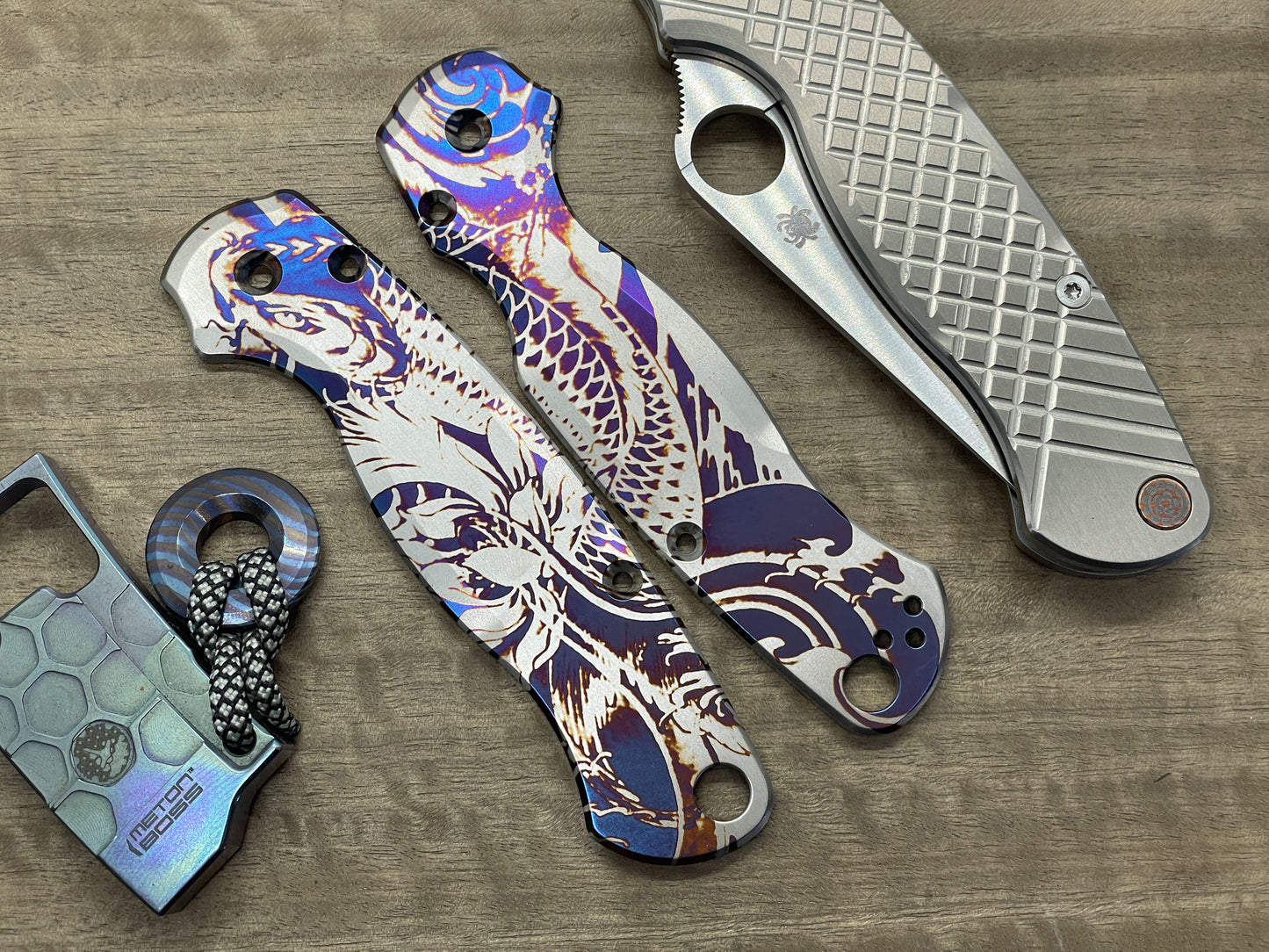 KOI Fish heat ano engraved Titanium scales for Spyderco Paramilitary 2 PM2