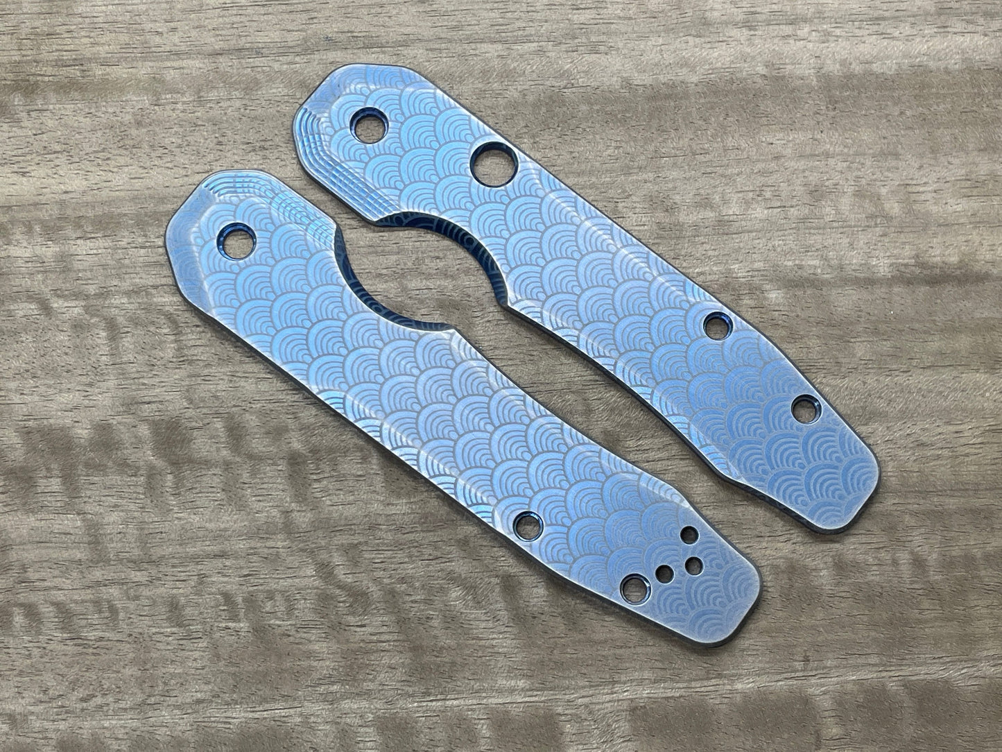 Blue ano Brushed SEIGAIHA Titanium Scales for Spyderco SMOCK