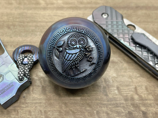 2.15" The OWL Deep engraved Flamed Stainless Steel SPHERE +TurboGlow stand