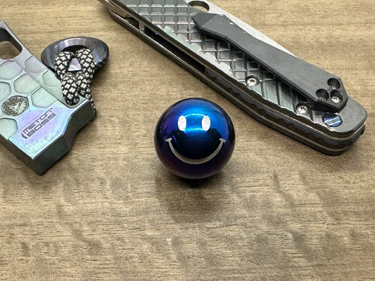 1" SMILEY Flamed Polished Solid Titanium SPHERE + Glow in the dark stand