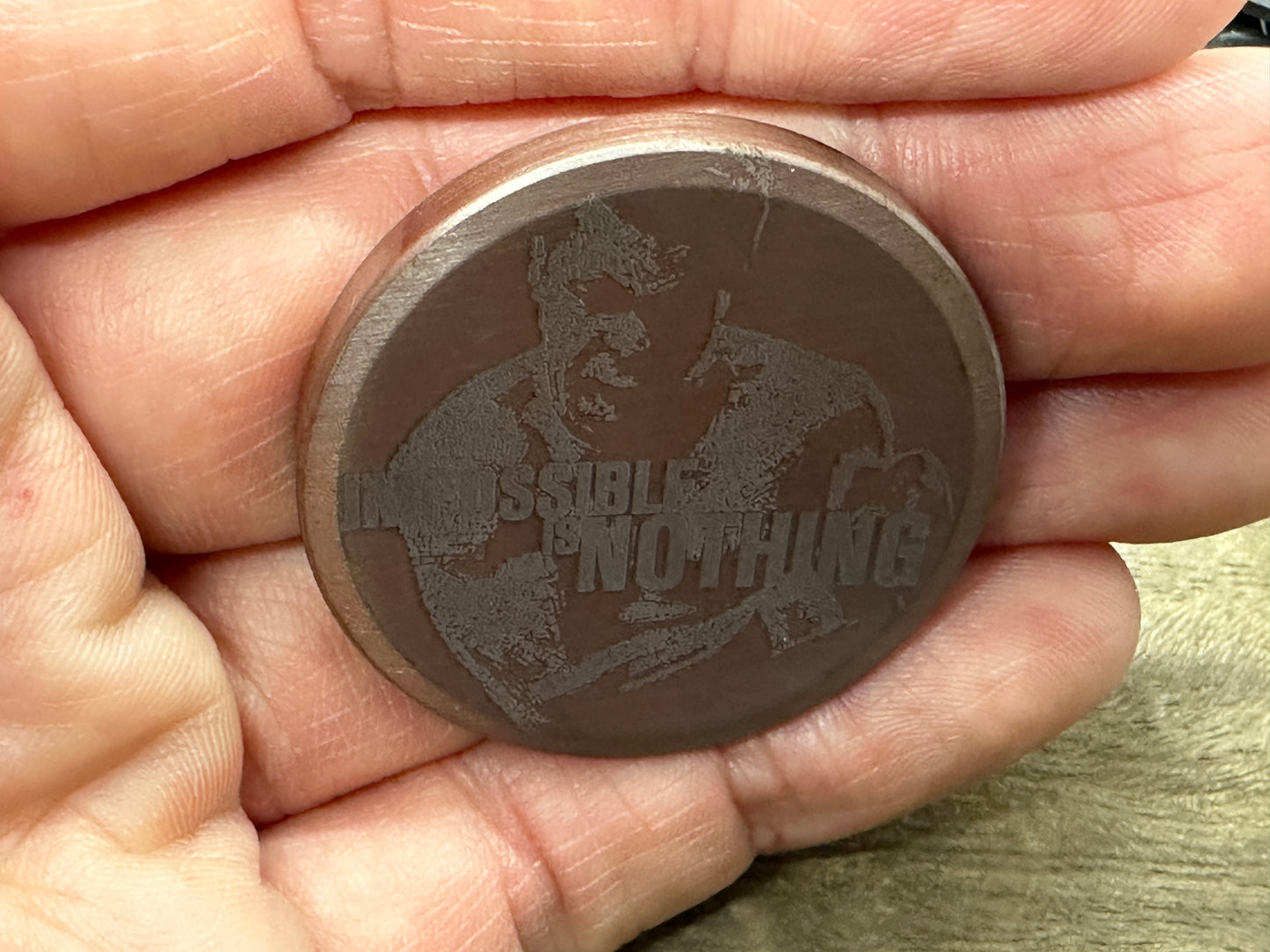 3 Sizes Impossible is Nothing - Dark Deep engraved Copper Worry Coin