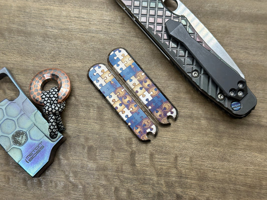 Jigsaw PUZZLES 58mm heat ano engraved Titanium Scales for Swiss Army SAK