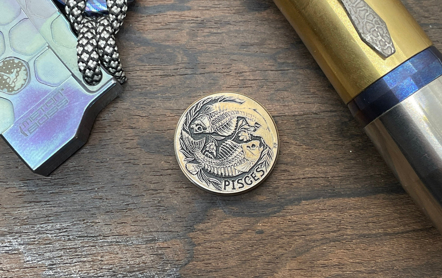 Deep engraved PISCES Zodiac Titanium Coin for Billetspin Gambit