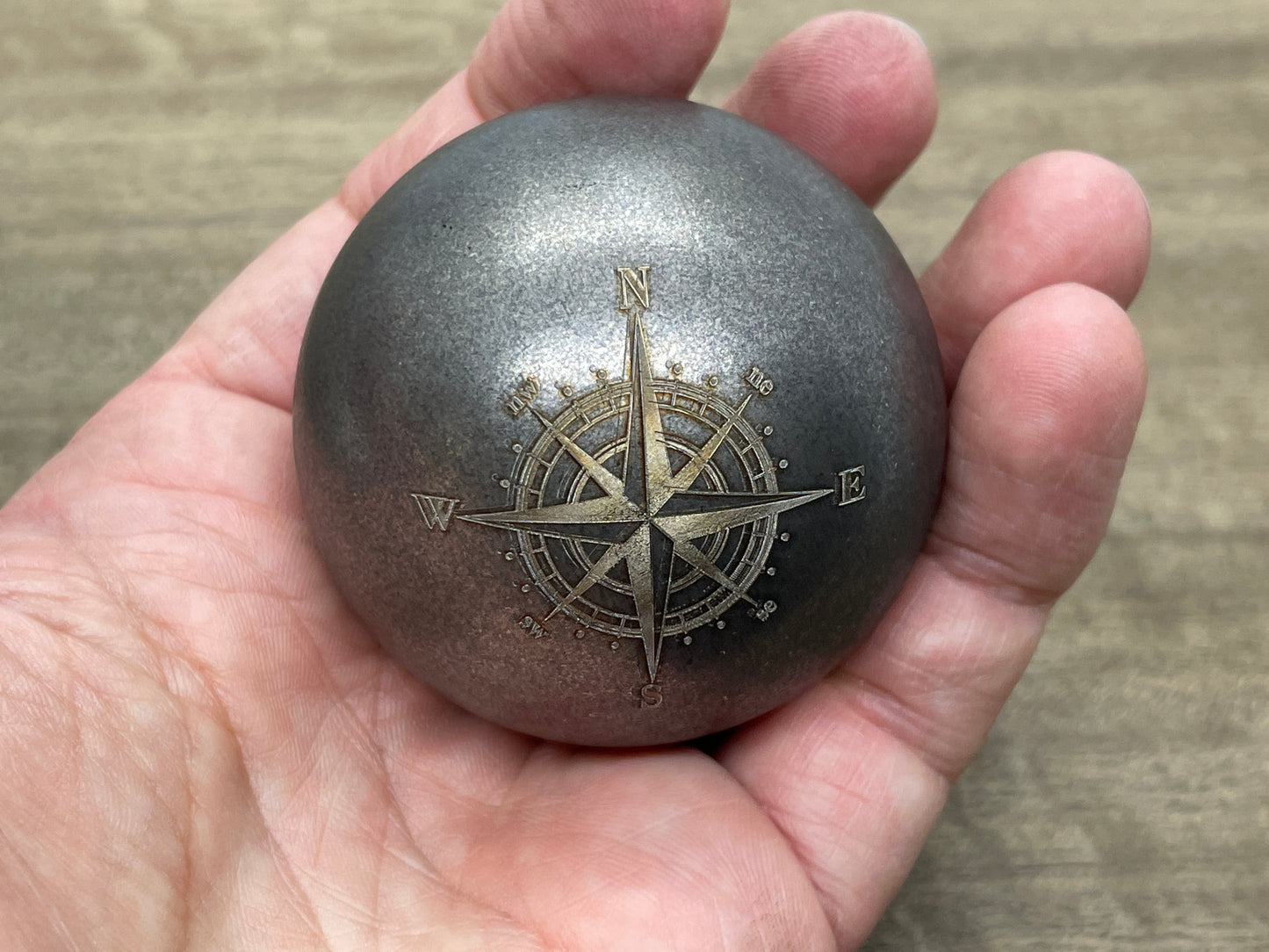 2.15" COMPASS Battle Worn Stainless Steel Giga SPHERE +Glow in the dark stand