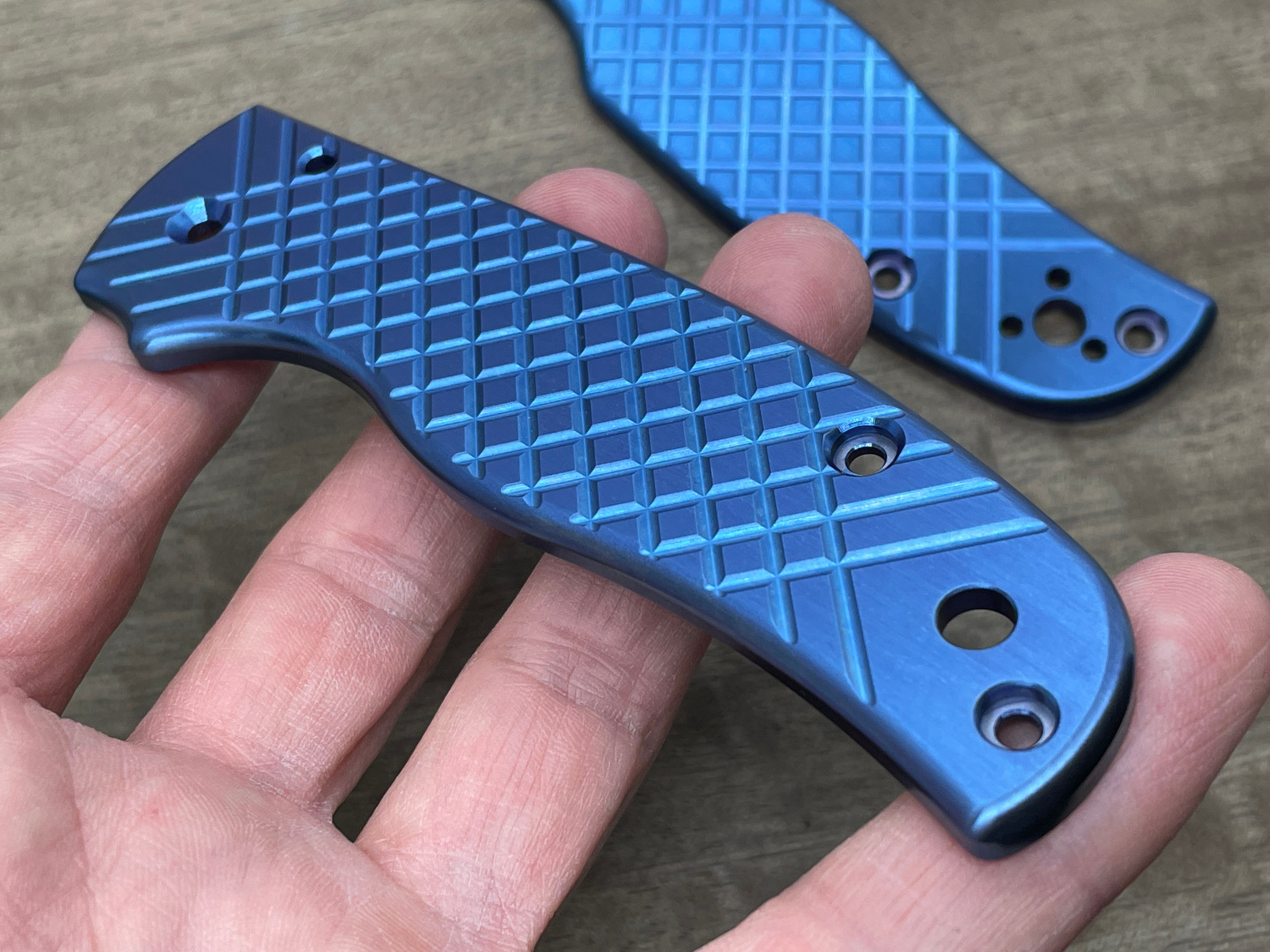 Blue anodized FRAG CNC milled Titanium Scales for SHAMAN Spyderco