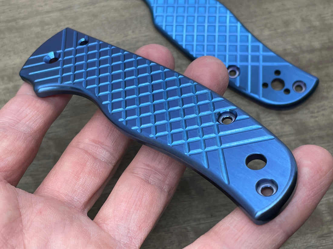 Blue anodized FRAG CNC milled Titanium Scales for SHAMAN Spyderco