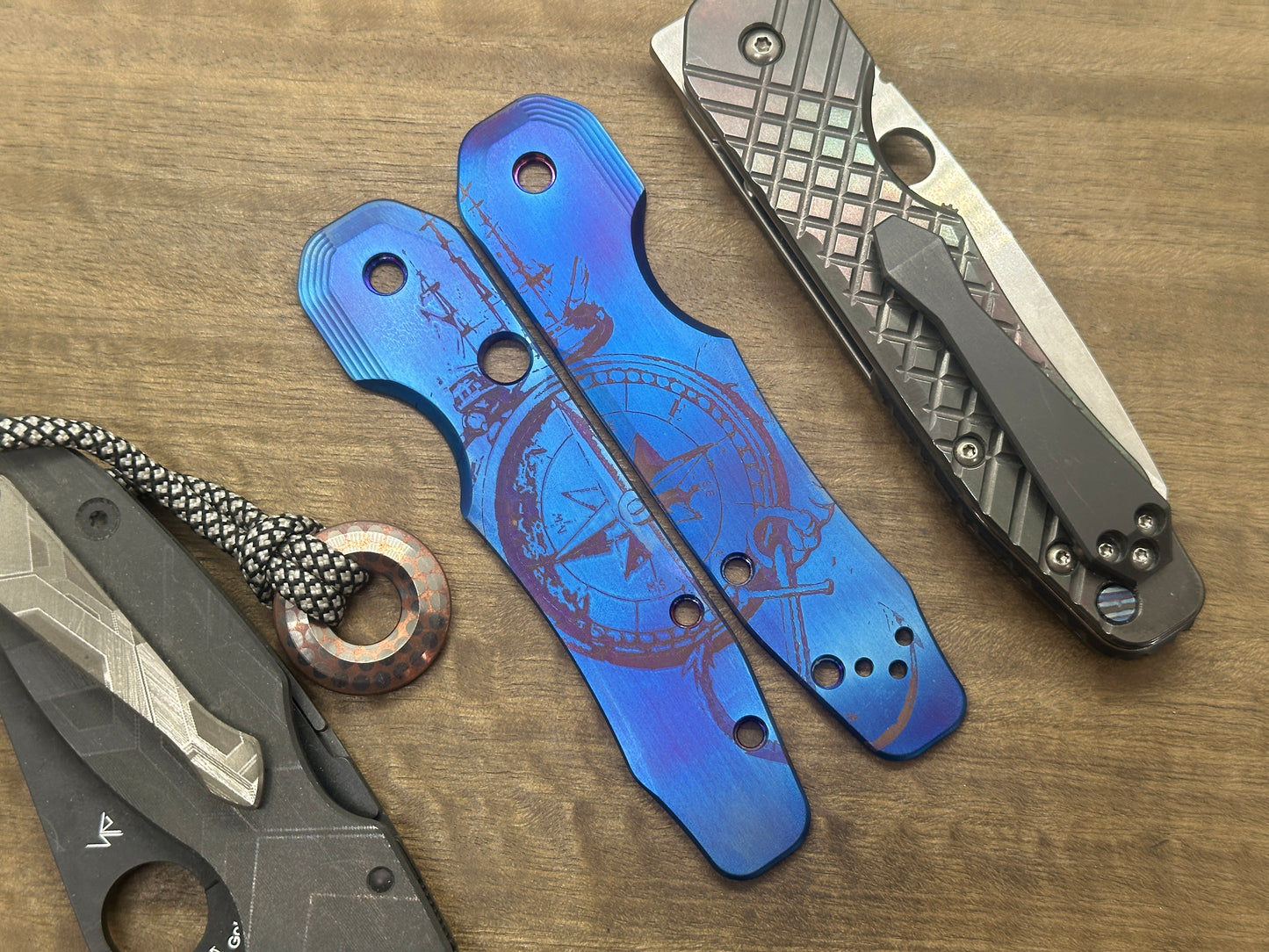 Flamed COMPASS at SEA engraved Titanium Scales for Spyderco SMOCK