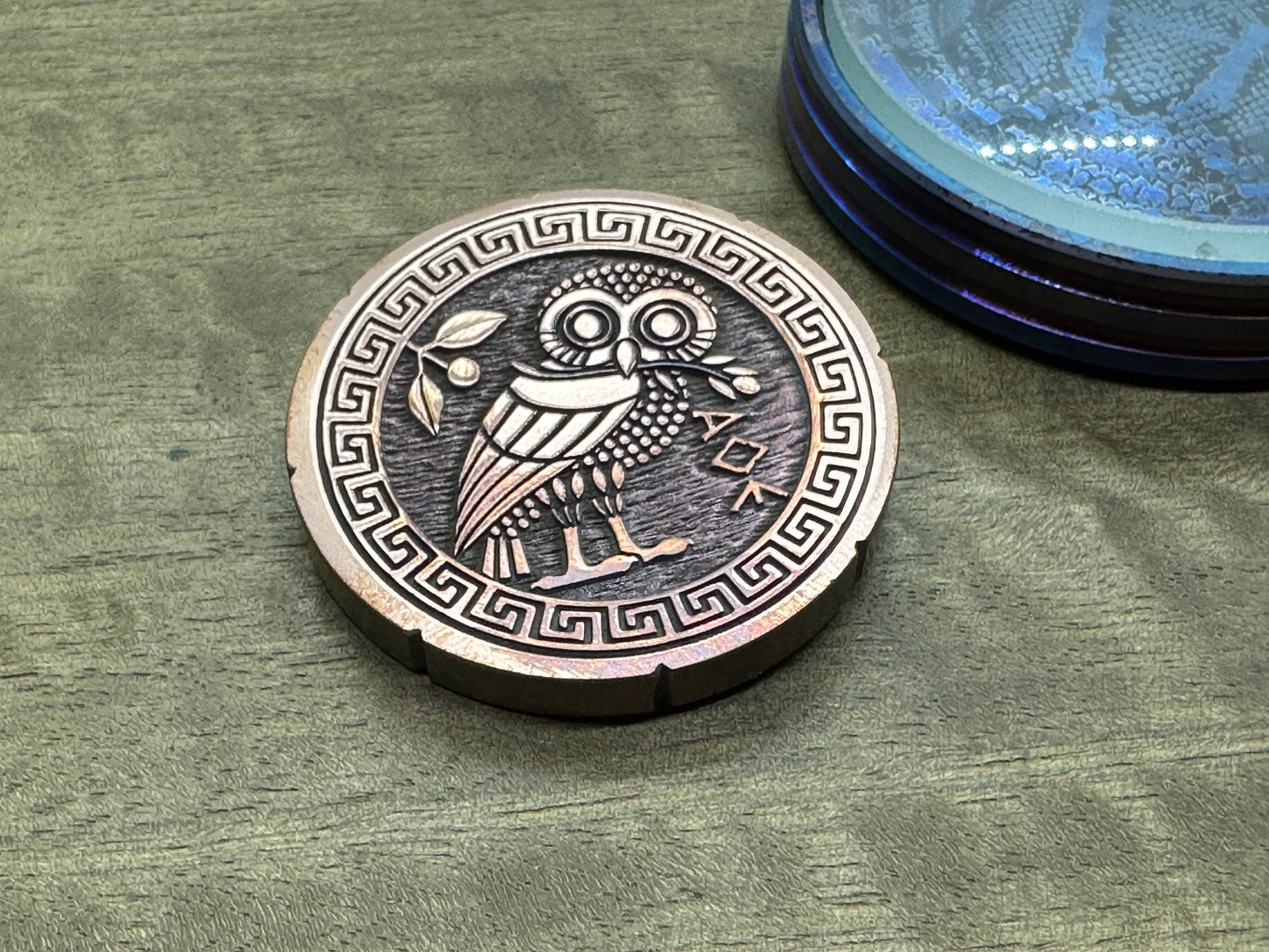 Deep engraved OWL Copper Spinning Worry Coin Spinning Top