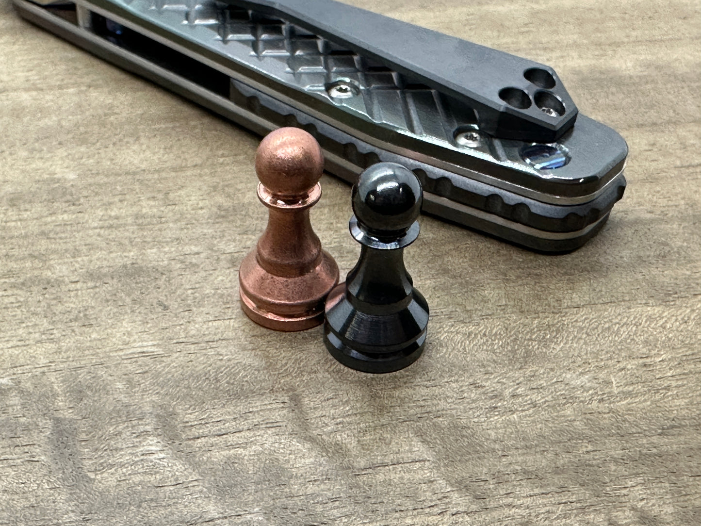 Haptic-PAWN Slider: Polished Zirconium & Tumbled Copper - Chess Pawn fidget