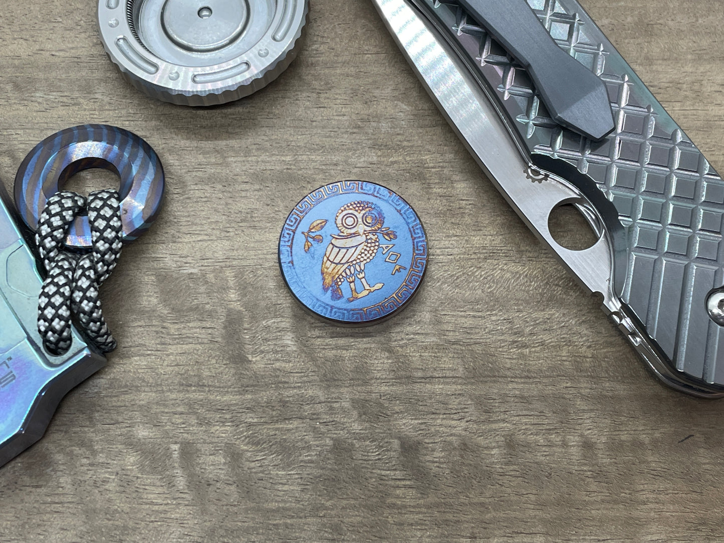 The OWL Flamed engraved Titanium Coin for Billetspin GAMBIT