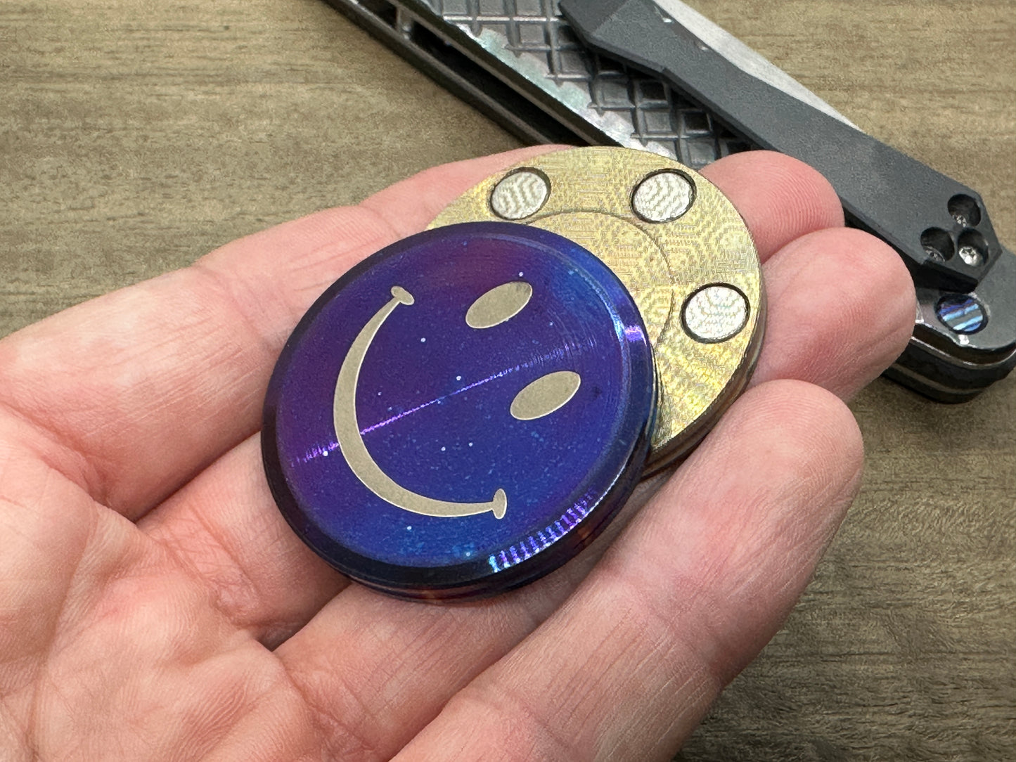 Smiley-Sad Flamed Polished/Dark Stainless Steel CLICKY Haptic Coins Fidget