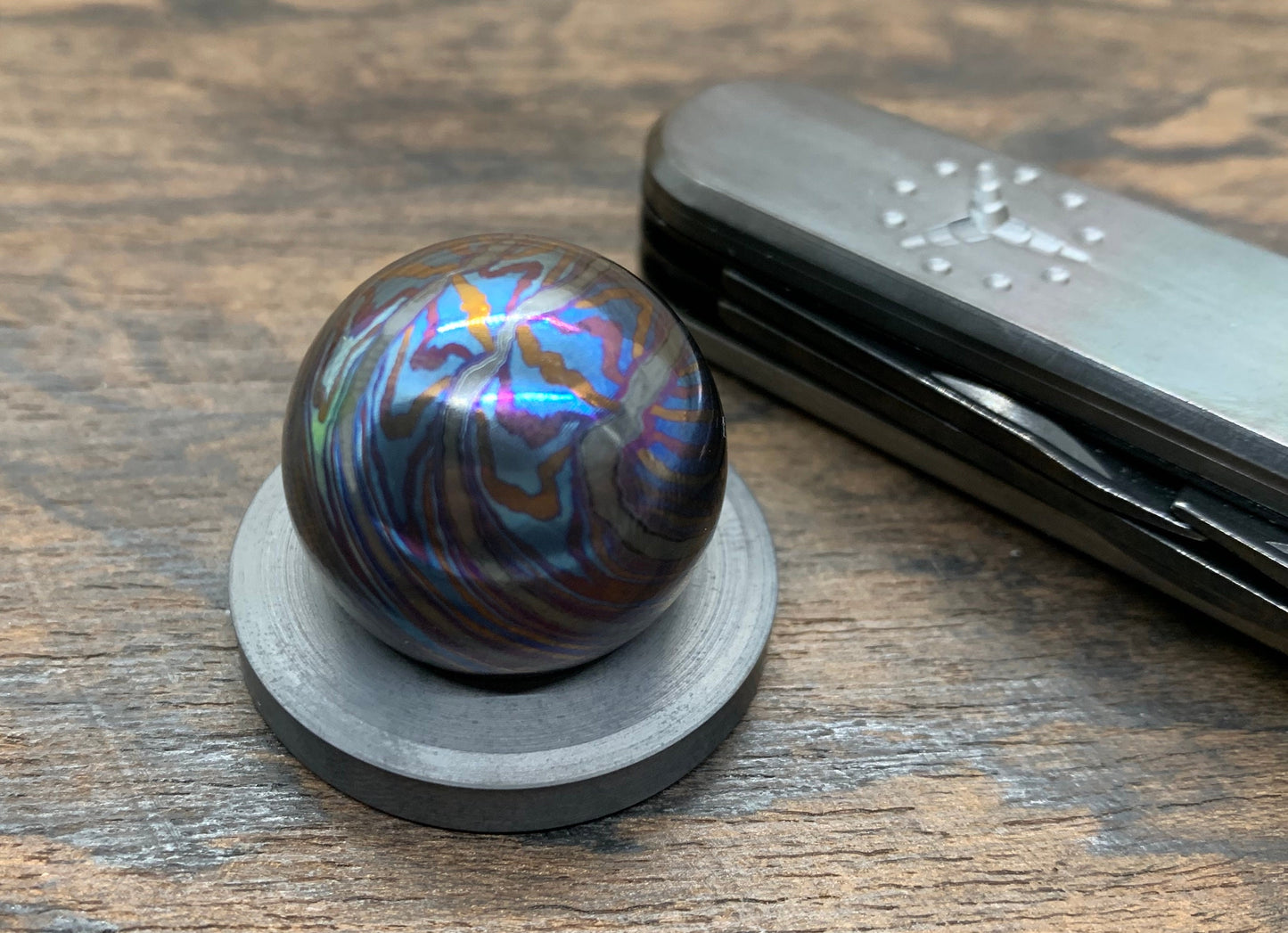 1" ZircuTi MOSAIC Black Timascus Sphere + Glow in the dark stand