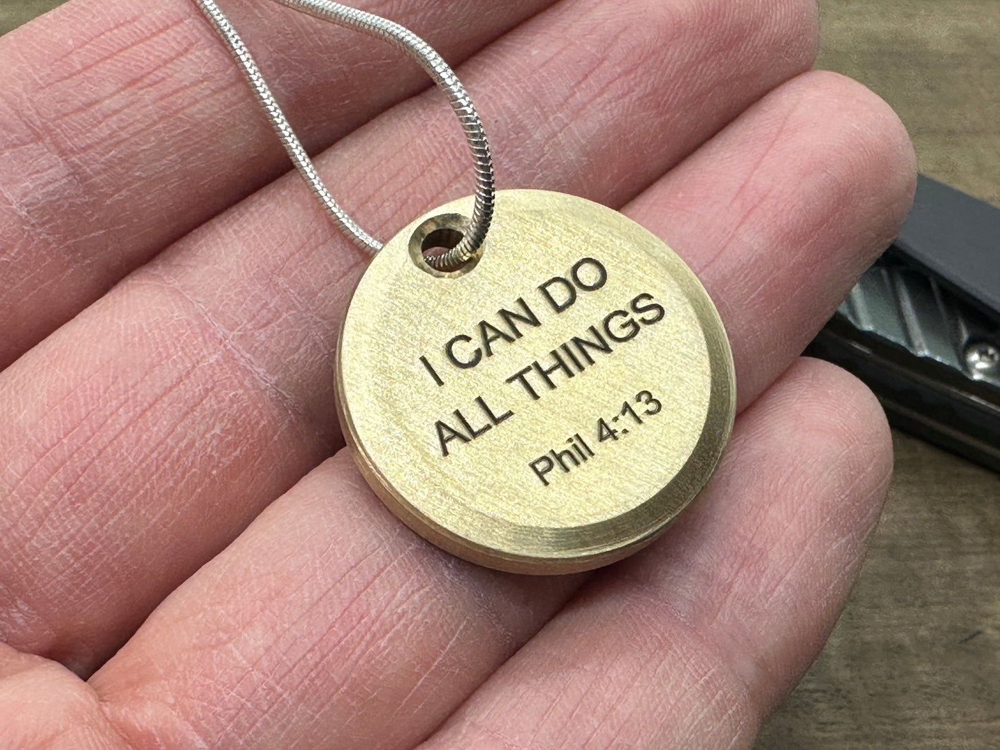 I can do all things - Phil 4:13 - Dama FISH engraved Brass PENDANT Keychain