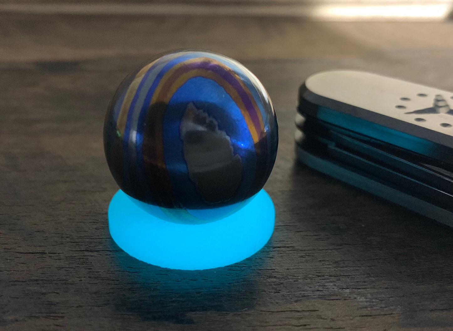 1" ZircuTi TWIST Black Timascus Sphere + Glow in the dark stand