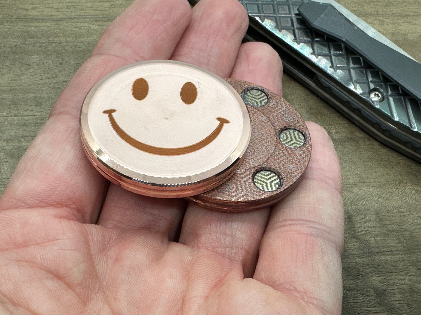 SMILEY-SAD Polished-Dark Haptic Coins CLICKY Copper Fidget