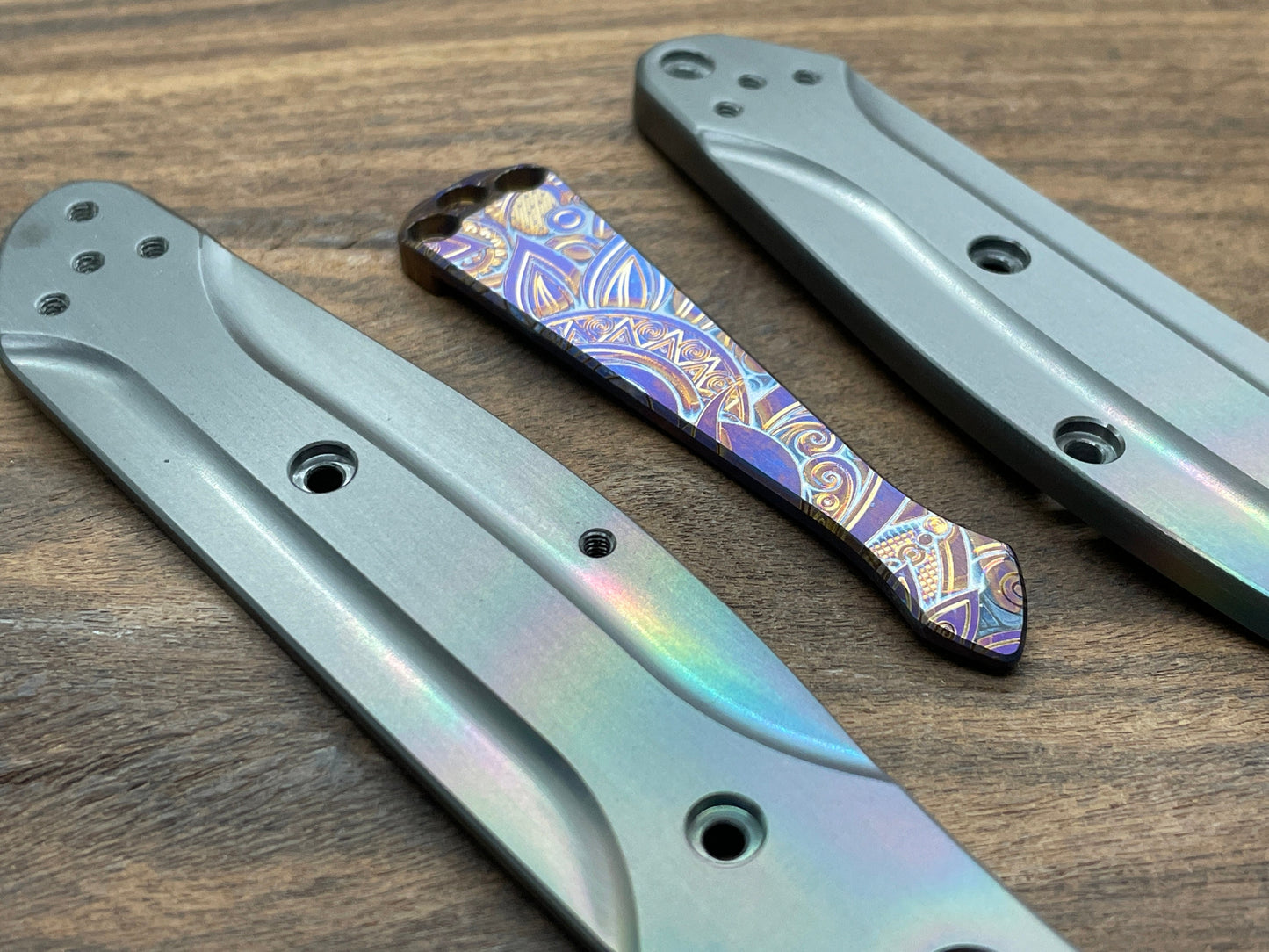 Flamed SUNRISE heat ano engraved SPIDY Titanium CLIP for most Benchmade models