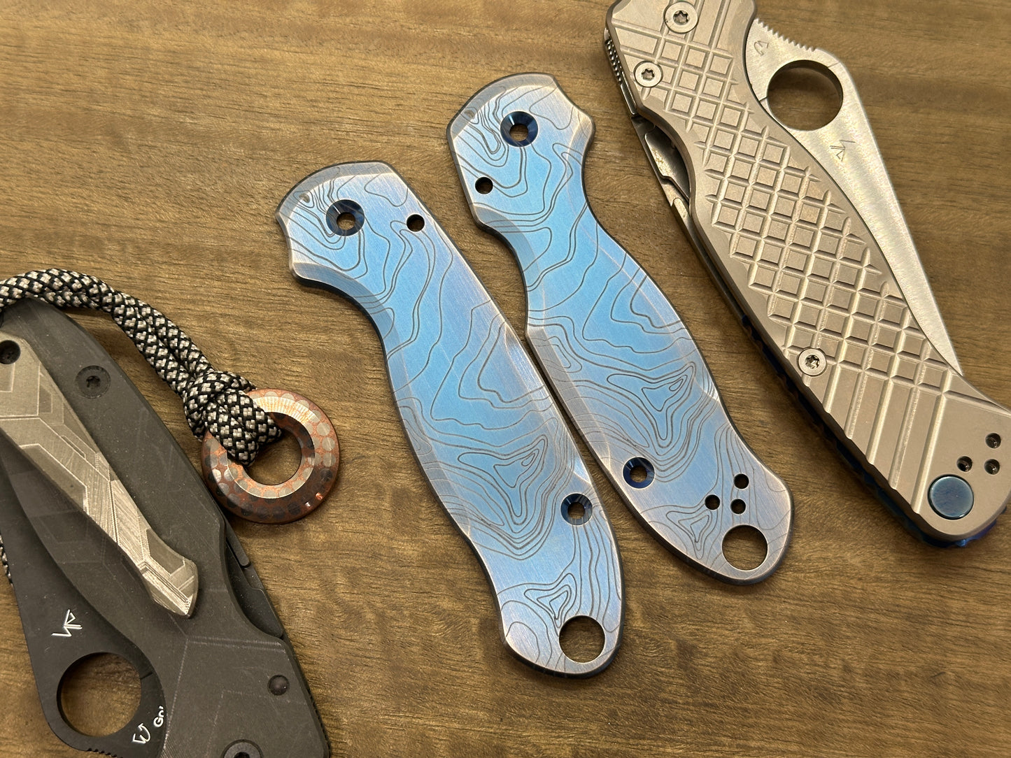 Blue Ano Brushed TOPO engraved Titanium scales for Spyderco Para 3