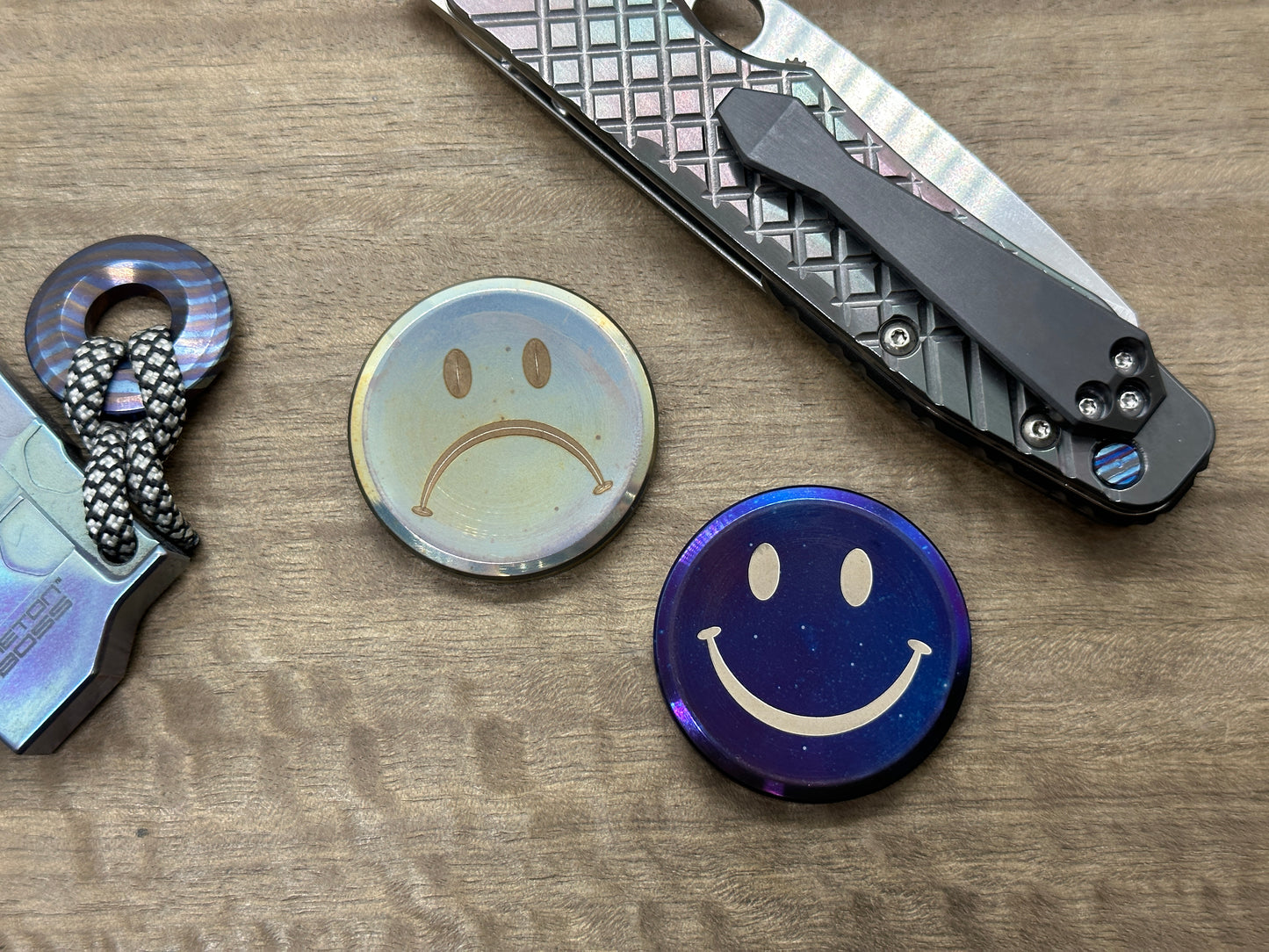 Smiley-Sad Flamed Polished/Dark Stainless Steel CLICKY Haptic Coins Fidget