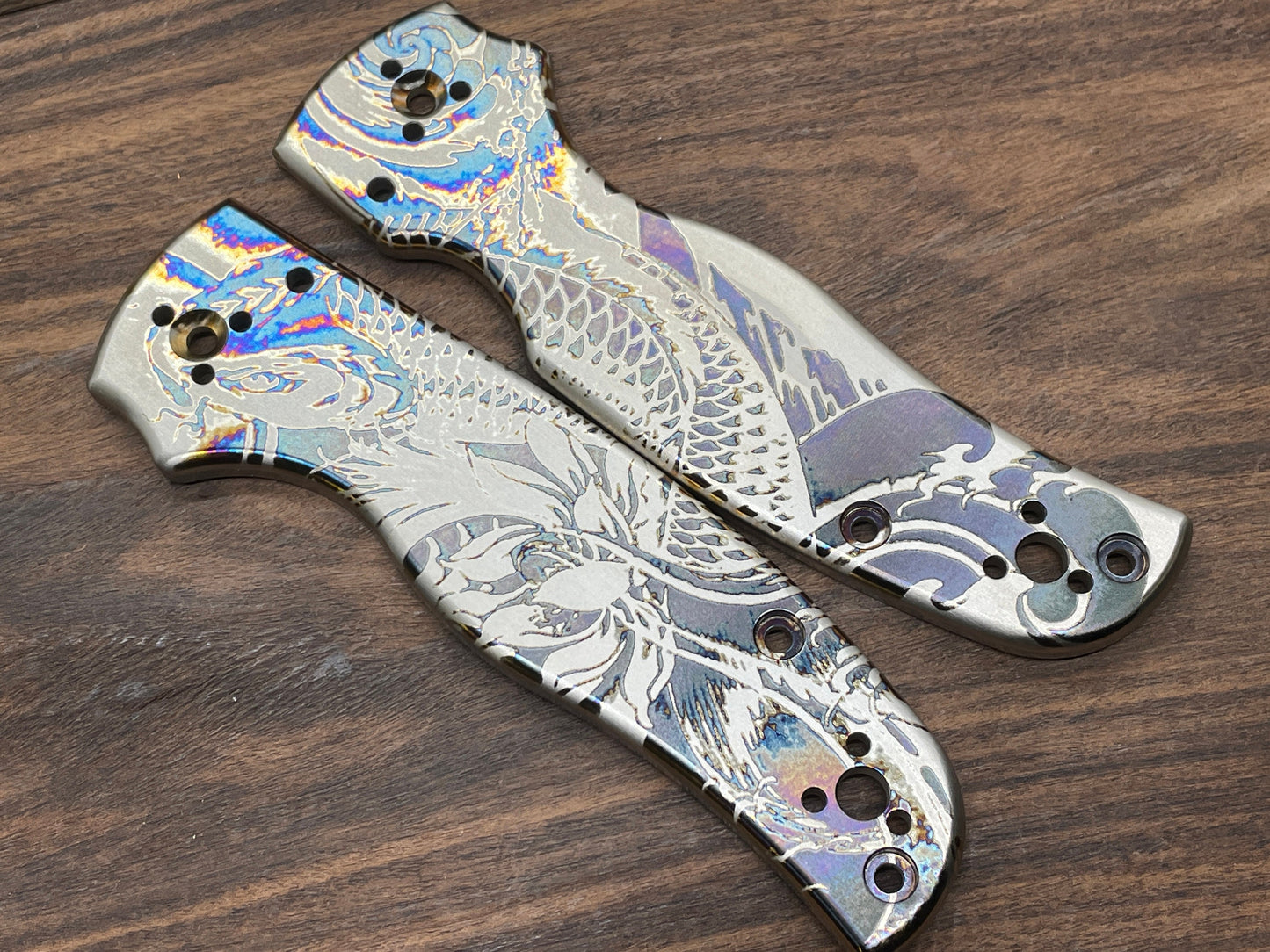 KOI Fish heat ano engraved Titanium Scales for SHAMAN Spyderco