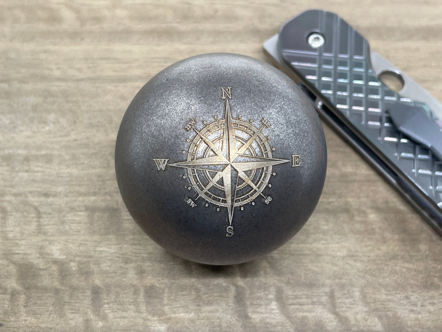 2.15" COMPASS Battle Worn Stainless Steel Giga SPHERE +Glow in the dark stand