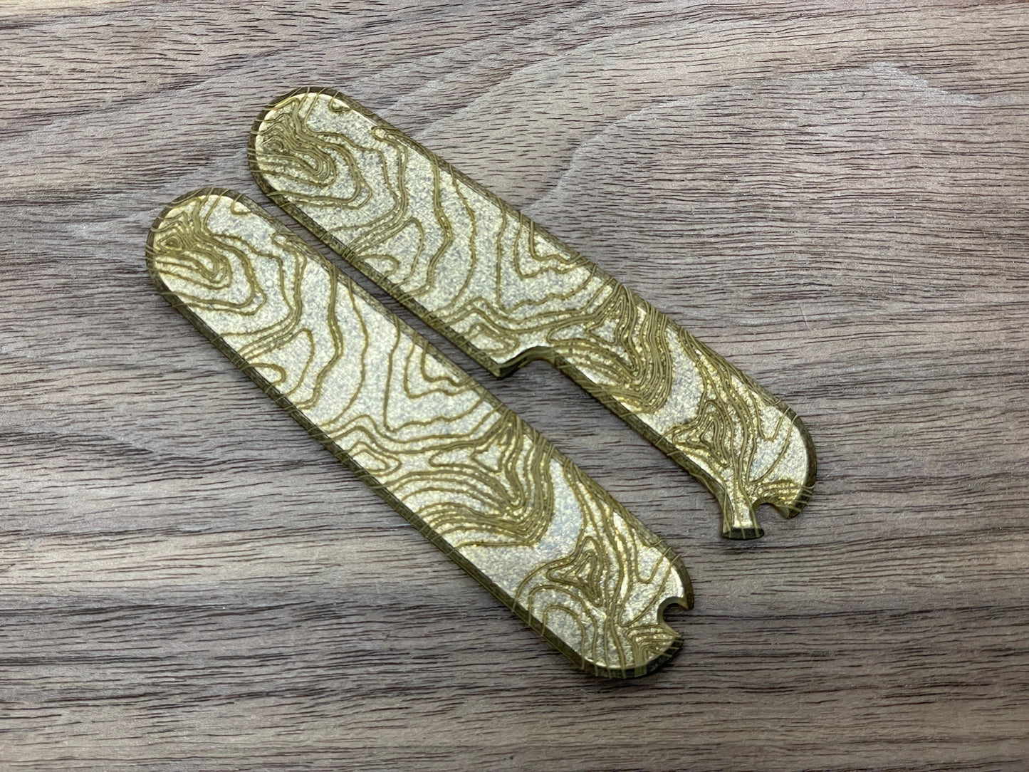 Battleworn Brass TOPO engraved 91mm Scales for Swiss Army SAK