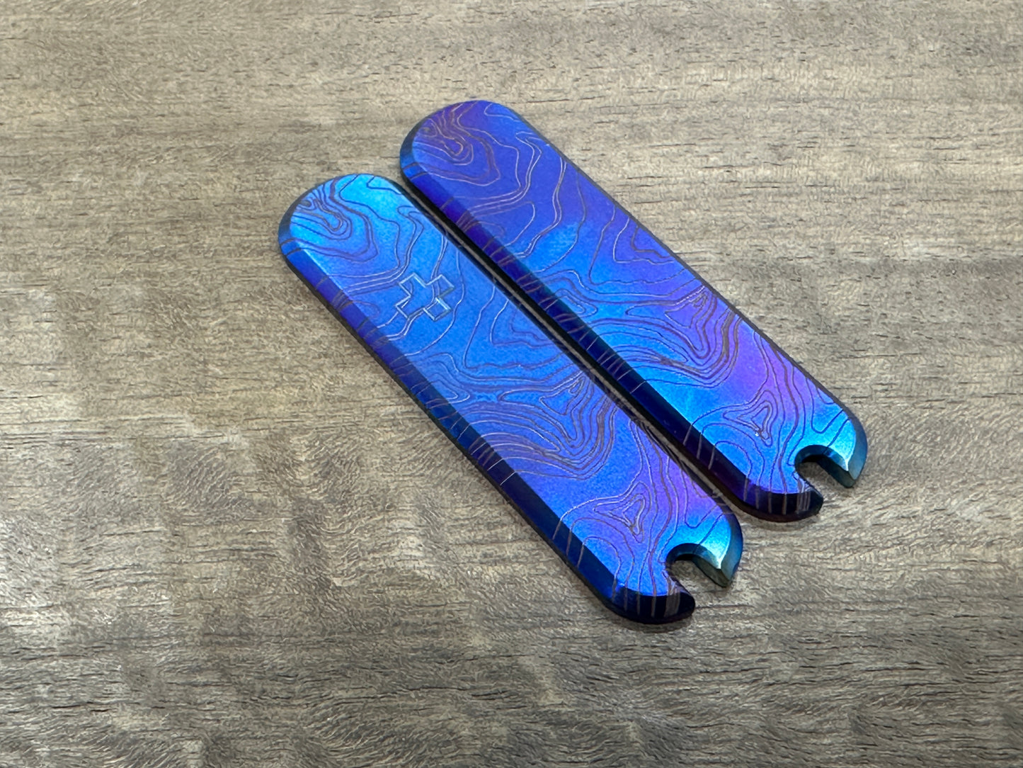 Flamed TOPO & Logo + engraved 58mm Titanium Scales for Swiss Army SAK