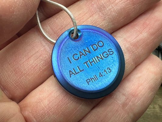 I can do all things - Phil 4:13 - Dama FISH Flamed Titanium PENDANT Keychain