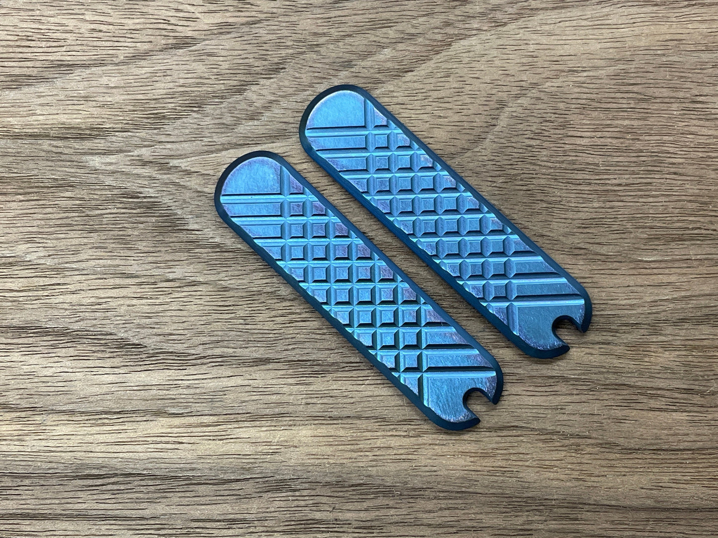 Blue anodized Deep Brushed FRAG milled 58mm Titanium Scales for Swiss Army SAK