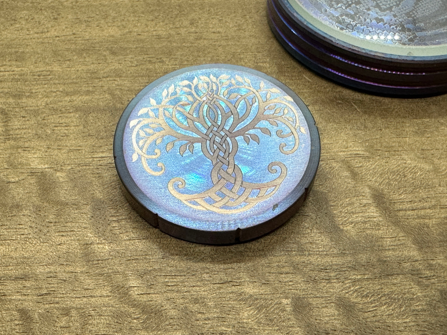 Tree of Life - Celtic Cross Flamed engraved Greek Ascoloy Spinning Worry Coin