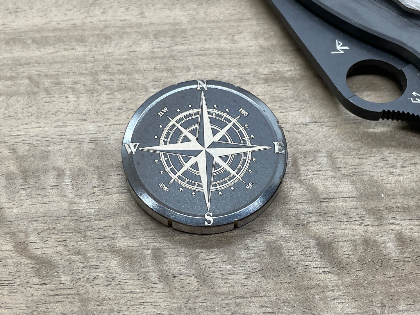 COMPASS Black engraved Stainless Steel Spinning Worry Coin Spinning Top