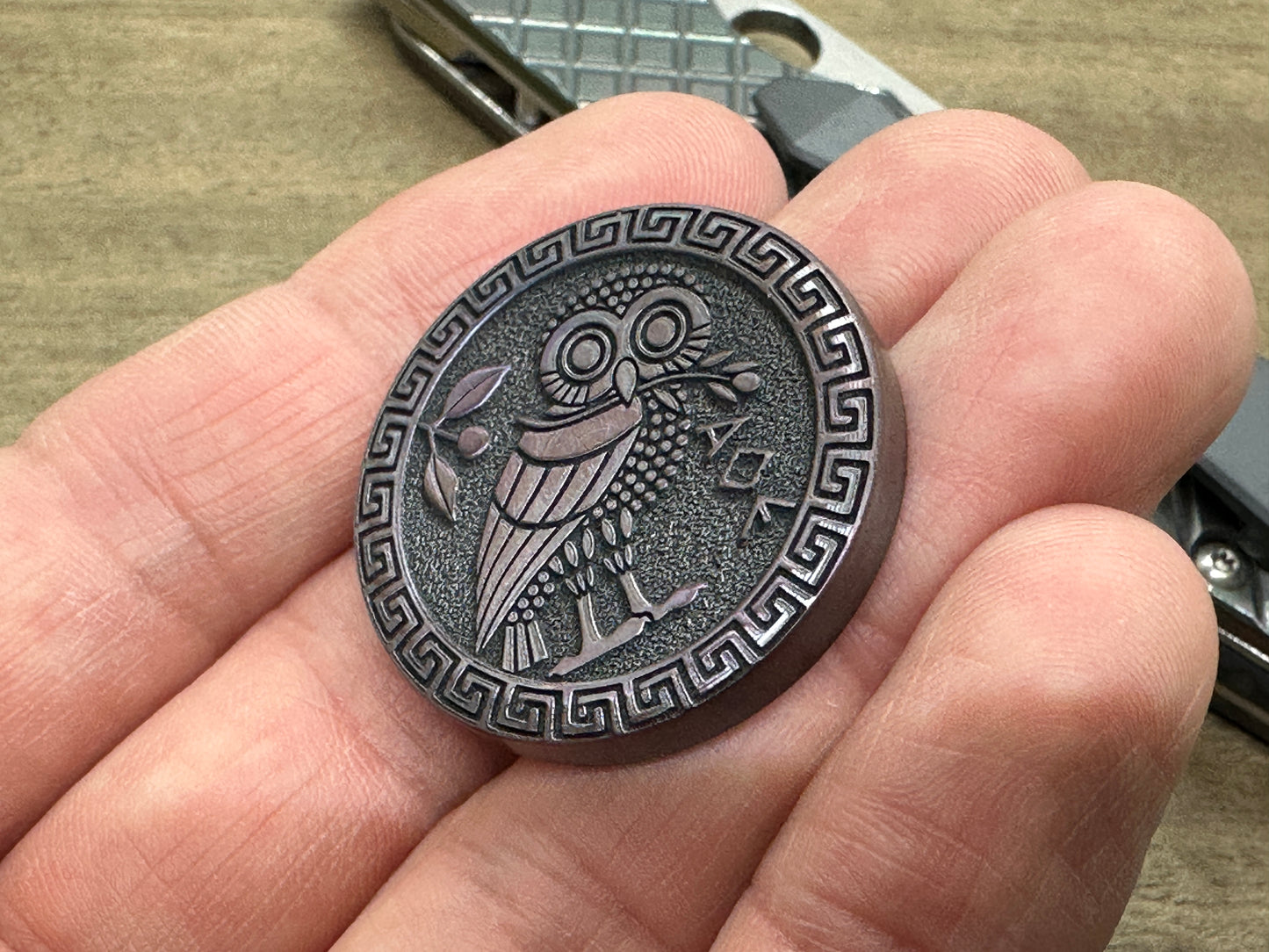 4 sizes The Flamed OWL Deep Engraved Greek Ascoloy Worry Coin