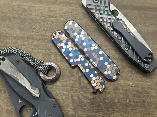 91mm heat ano engraved Honeycomb Titanium Scales for Swiss Army SAK Clip holes