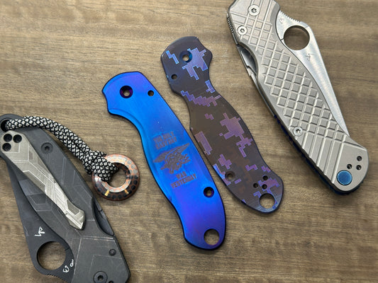 US NAVY Seals The only easy day was yesterday Flamed Titanium Scales for Spyderco Para 3