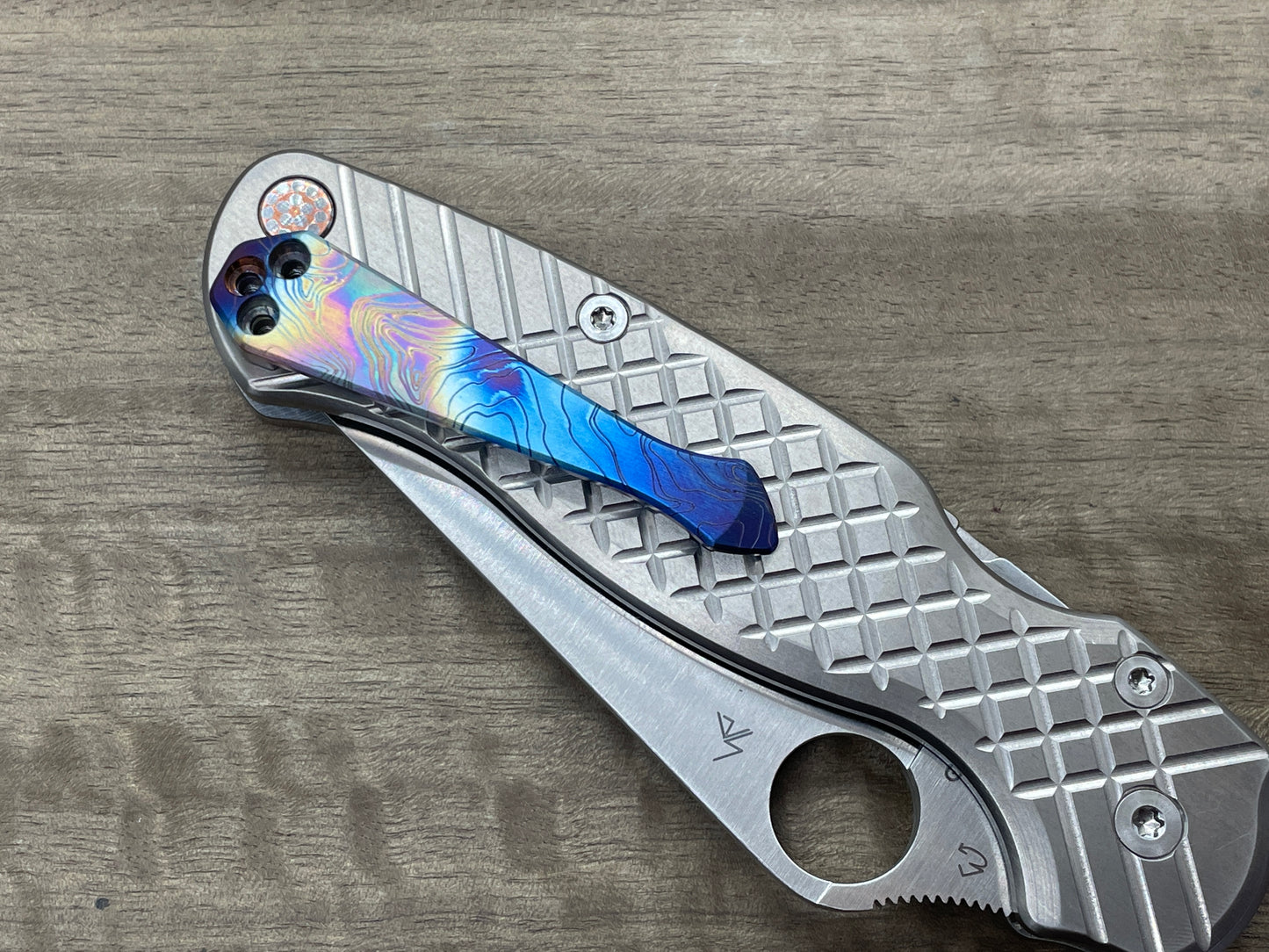 Special Flamed TOPO engraved SPIDY Titanium CLIP for most Spyderco models