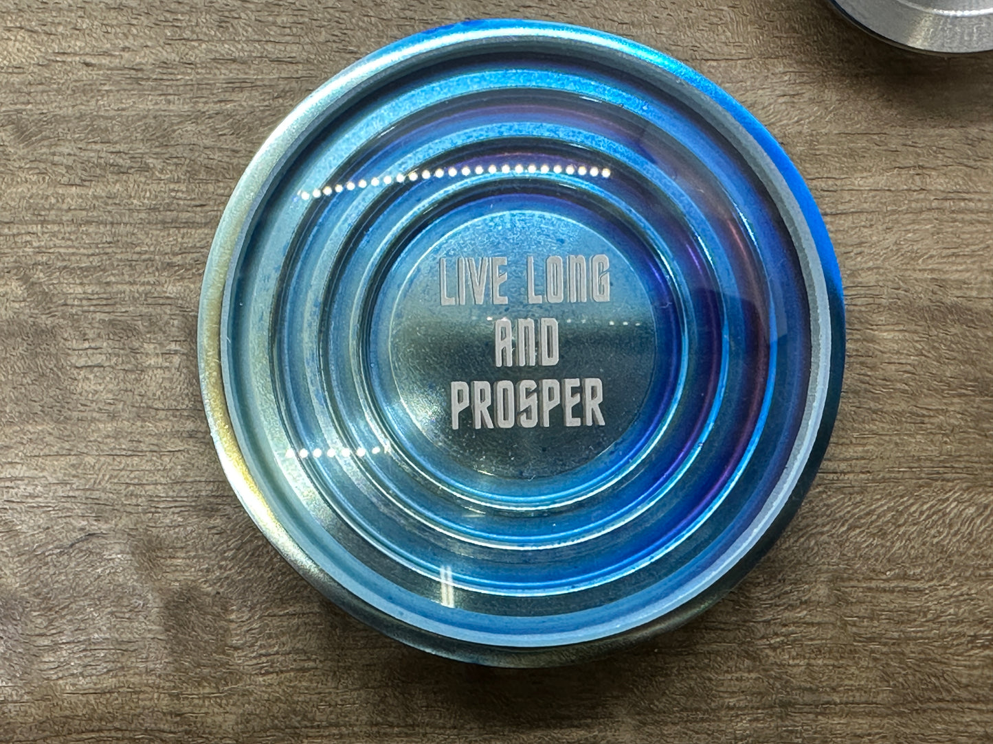 LIVE LONG and PROSPER Flamed Titanium Spin base for Spinning Tops & Coins